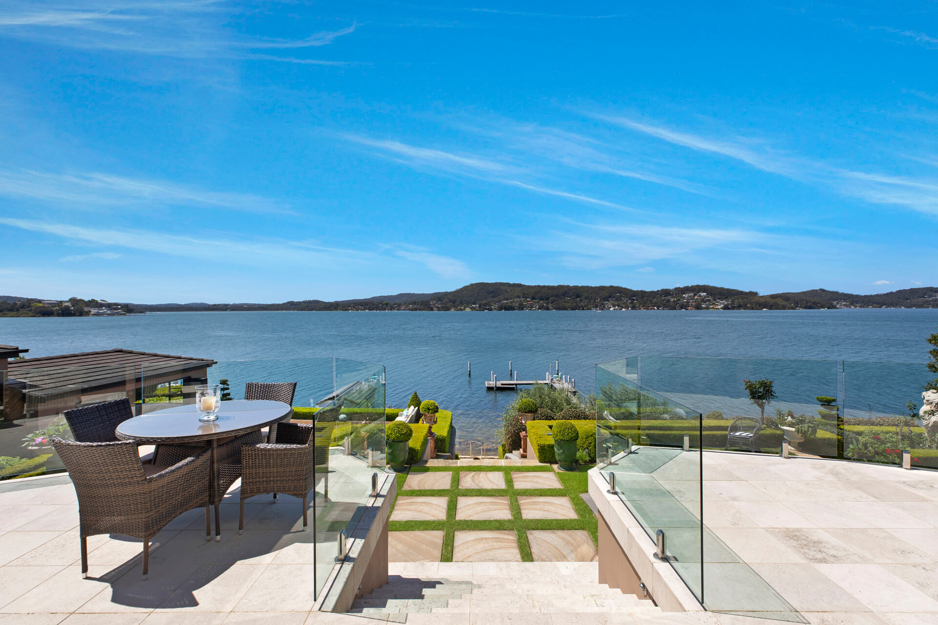 View of lake from stone deck